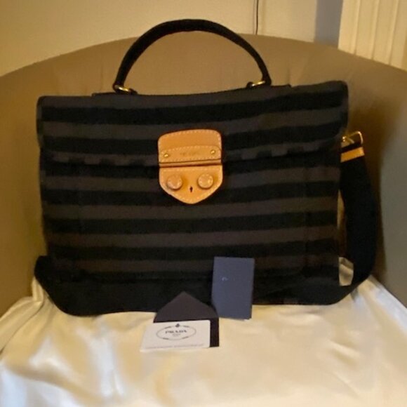 NWT Prada Black/Grey Gendarme Canapa Stripe Canvas Pattina Satchel Bag BN2120 - Picture 1 of 12